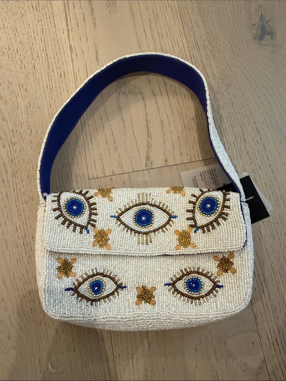 Beaded White Mini Shoulder Bag with Blue Eye Motif